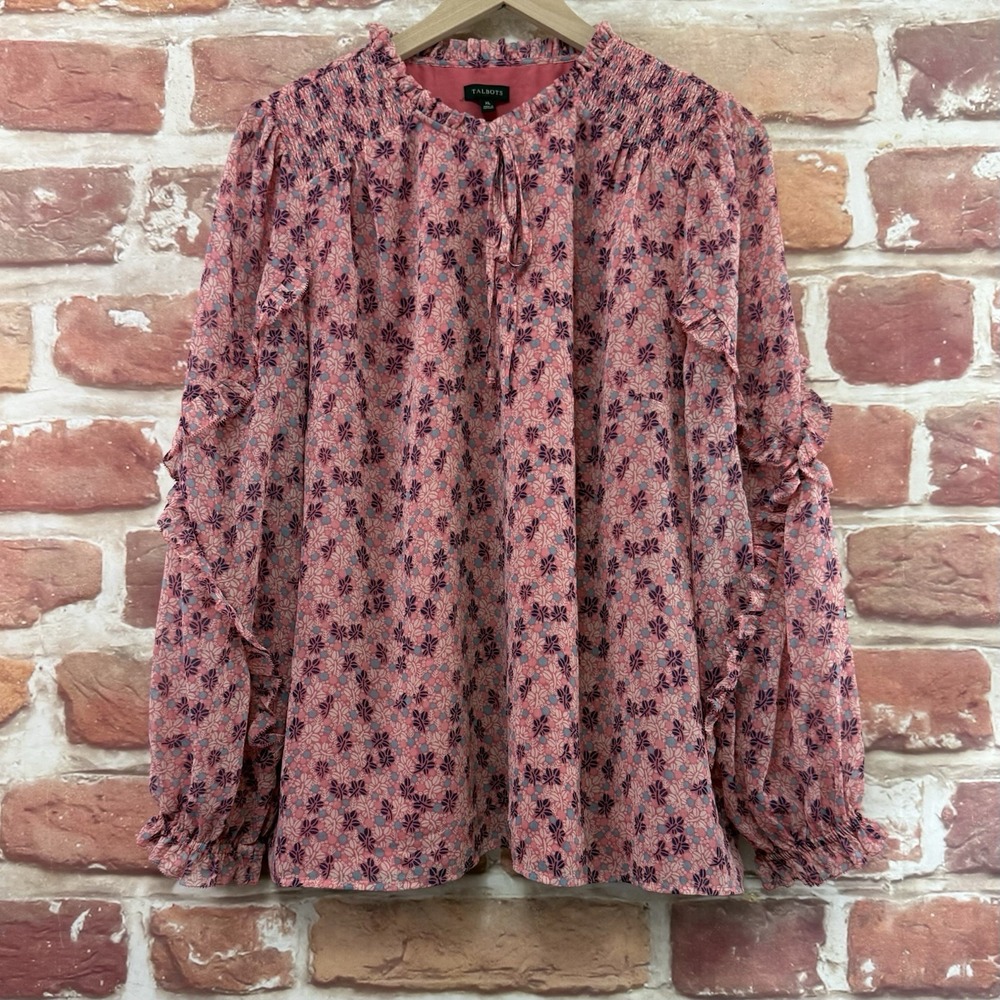 Talbots Top Womens XL Pink Multicolor Ditsy Floral Polka Dot Smocked Yoke Shirt